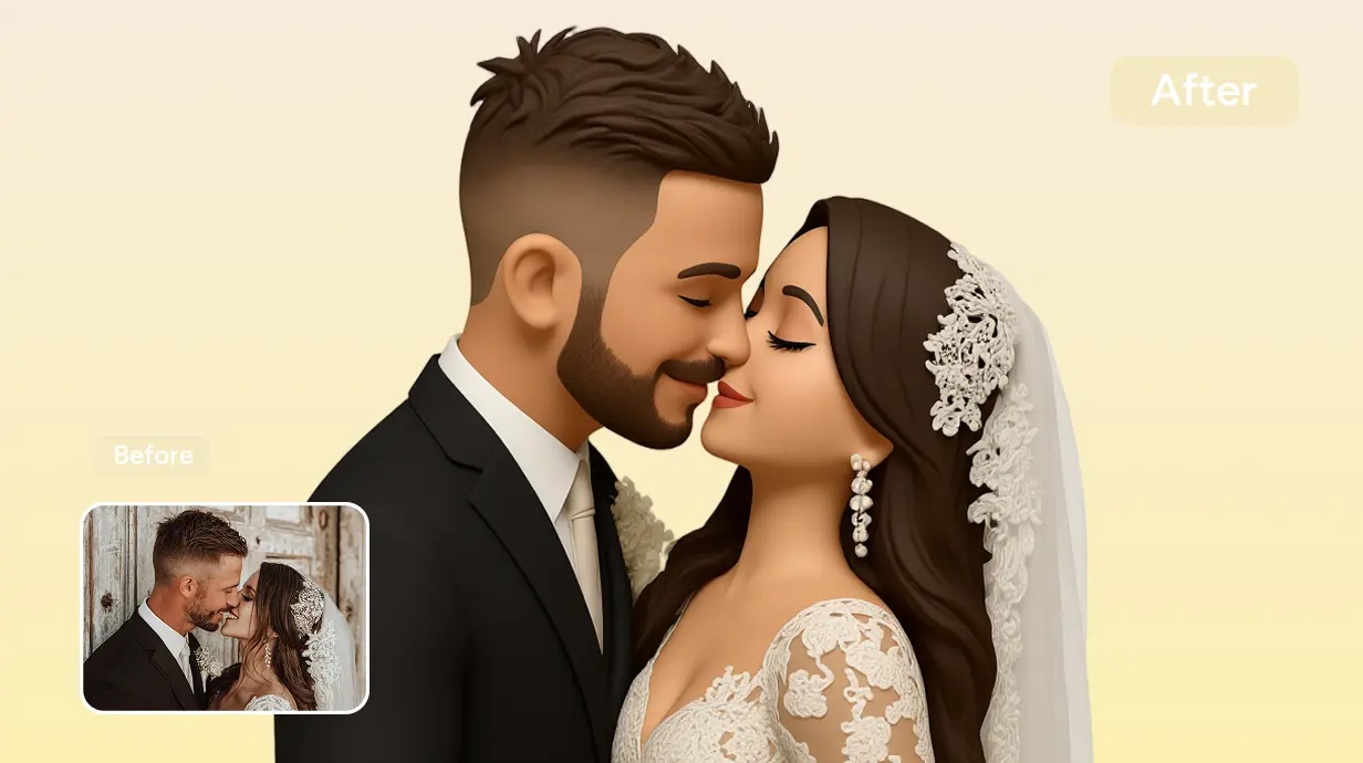 before and after effects of converting a groom kissing bride image into emoji