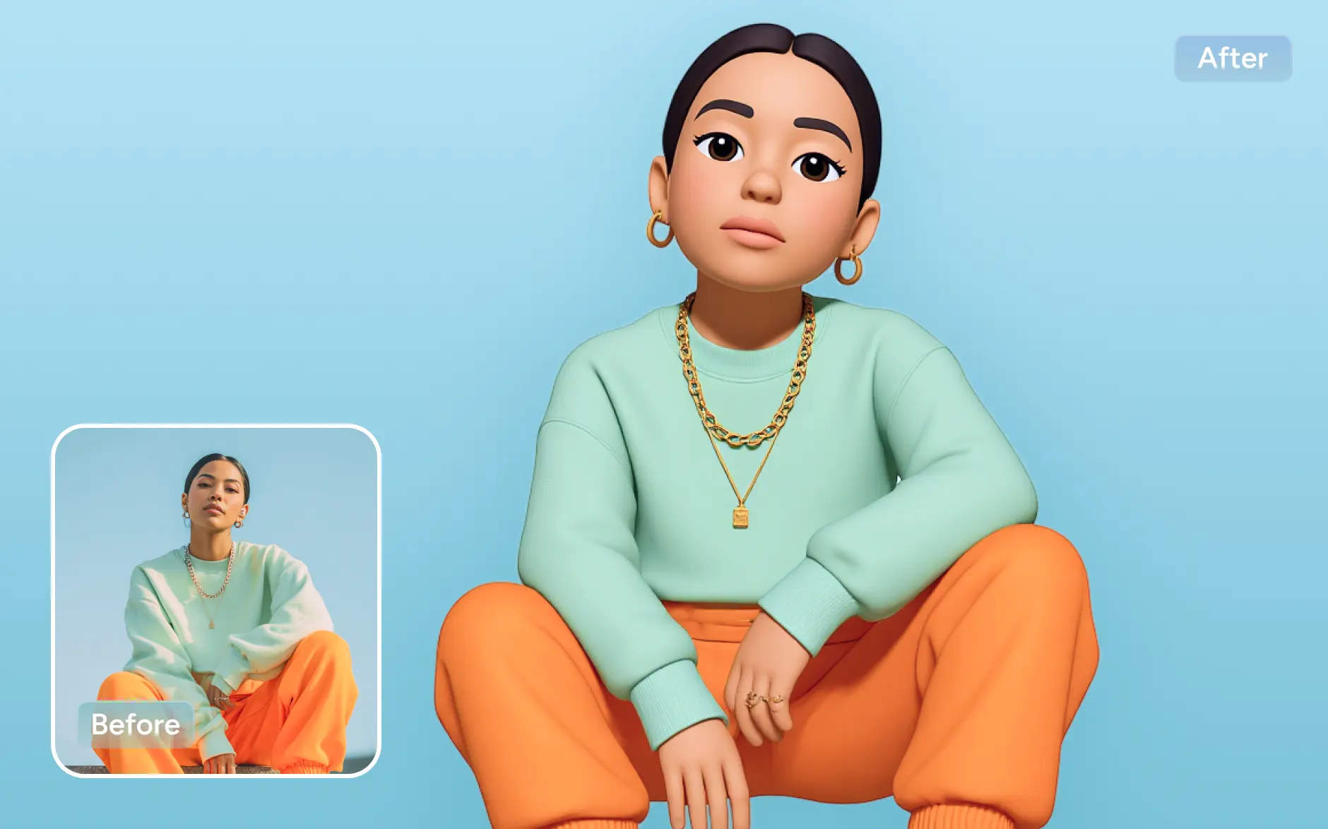 before and after effects of converting a woman in mint green hoodie image into emoji using ai ease photo to emoji converter