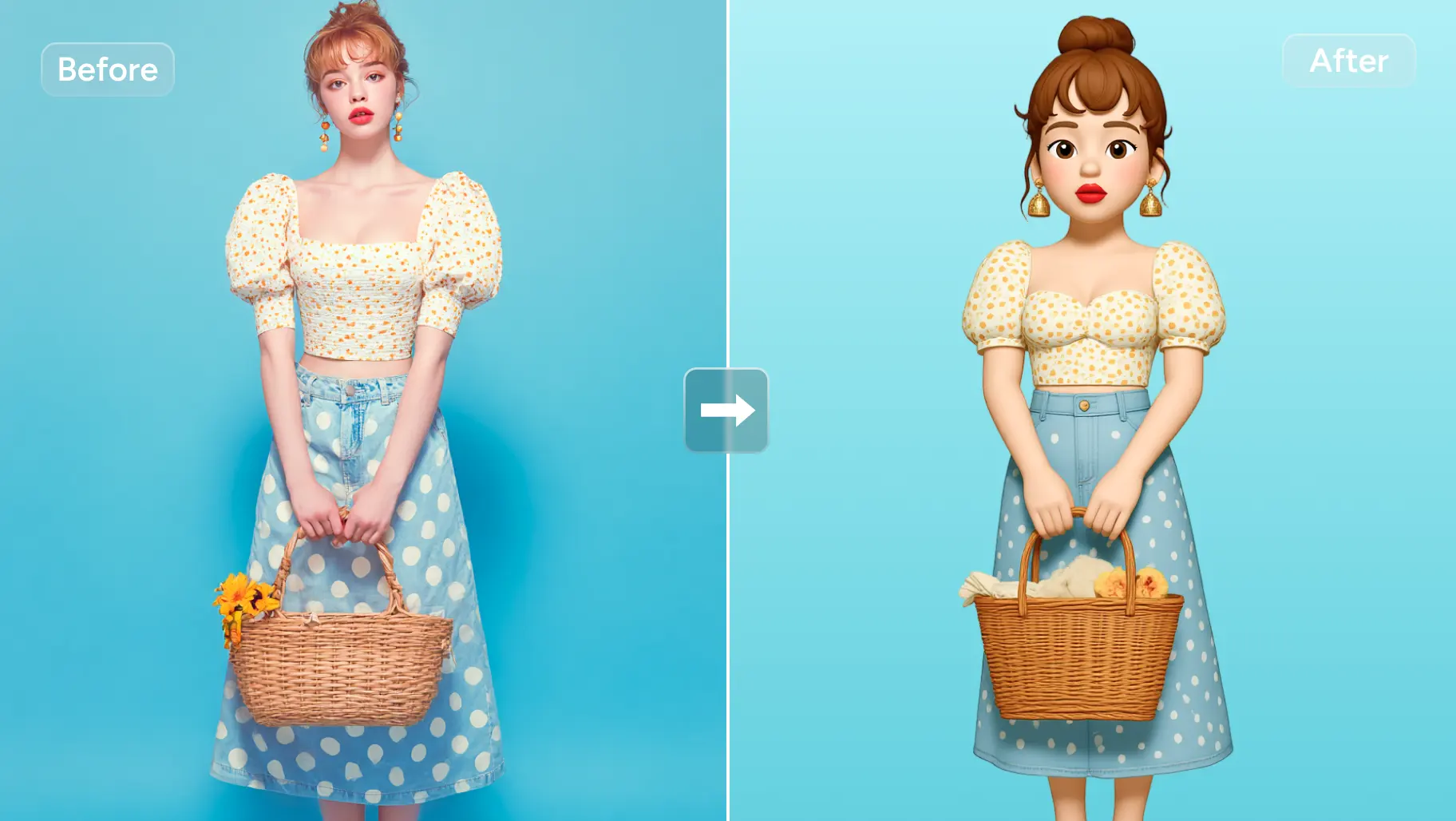 before and after effects of converting a woman in yellow polka spot top and blue dress image into an emoji person
