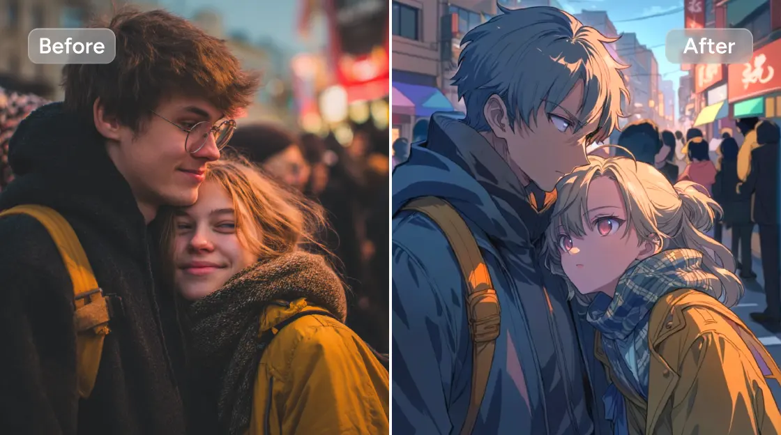 before and after effects of turning a couple leaning each other image into anime style