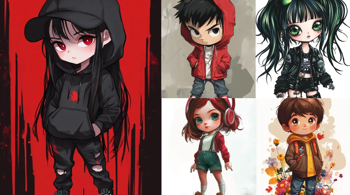 five chibi characters generated in AI Ease free chibi maker