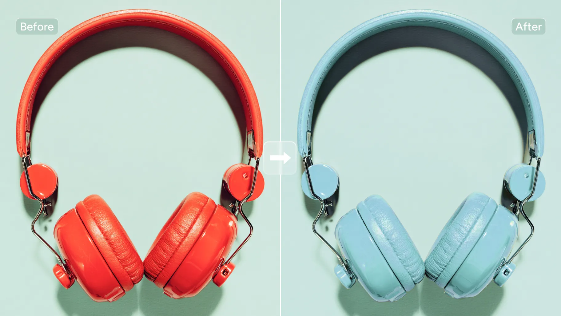 efeito de antes e depois de mudar o fone de ouvido vermelho para azul na ferramenta de recoloração do AI Ease