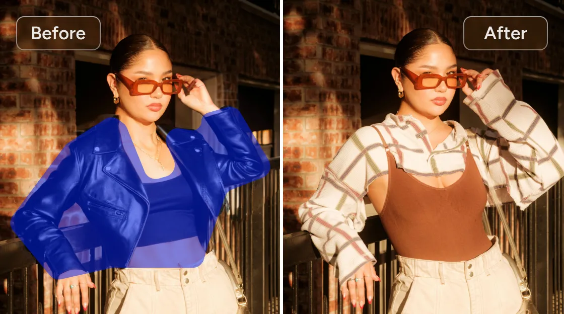 efeito de antes e depois de mudar a jaqueta preta da mulher para uma blusa marrom