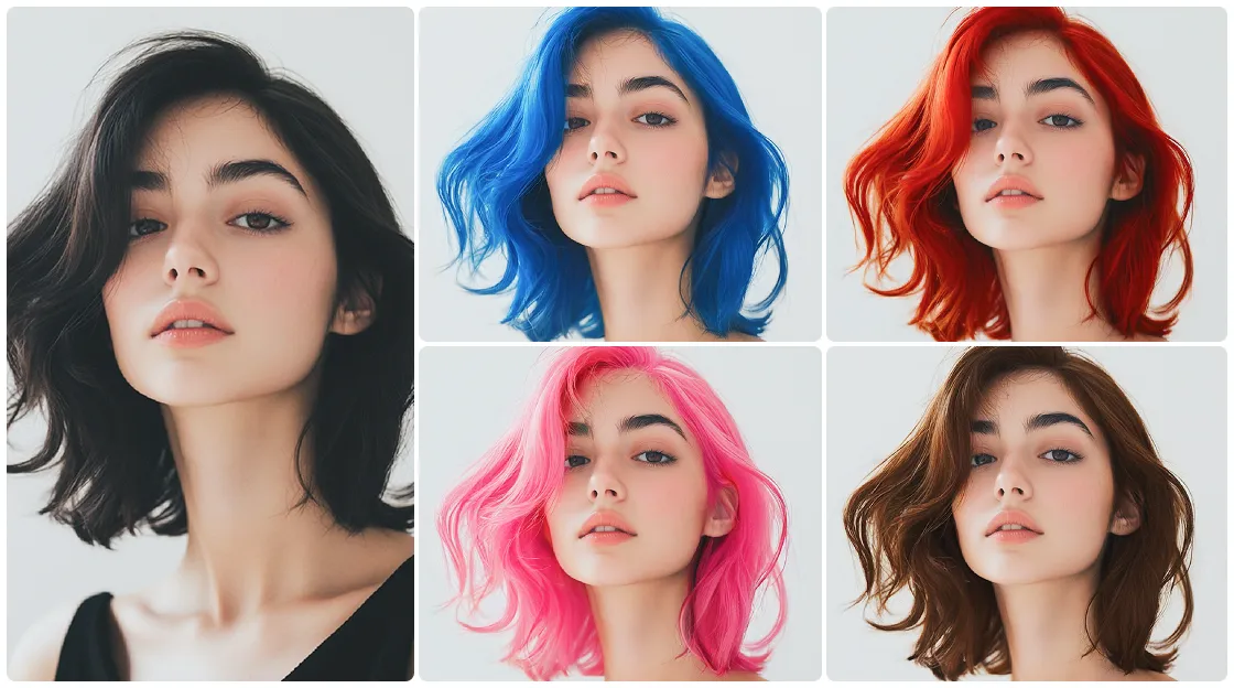 efeito de antes e depois de transformar o cabelo preto da mulher em azul, vermelho, rosa e castanho