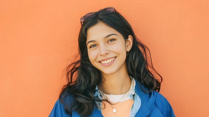 une femme en manteau bleu avec des cheveux noirs bouclés