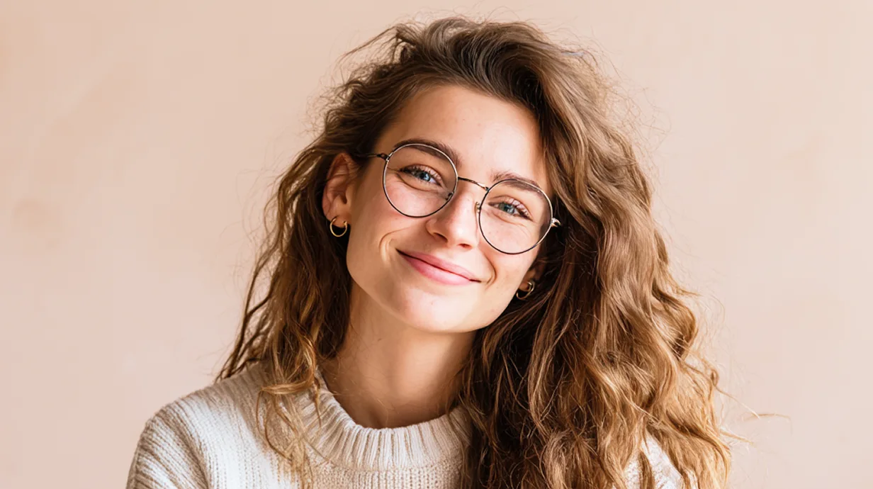 une femme en pull avec de longs cheveux bruns bouclés portant une paire de lunettes rondes