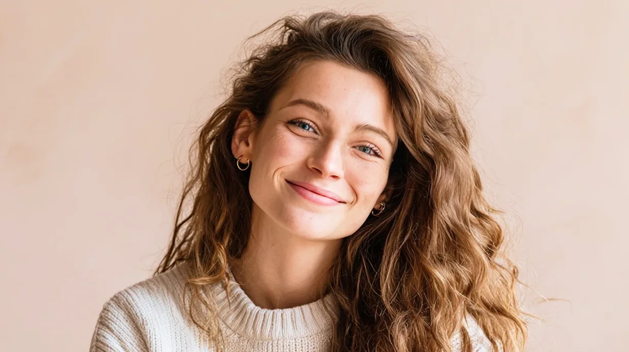 une femme en pull avec de longs cheveux bruns bouclés
