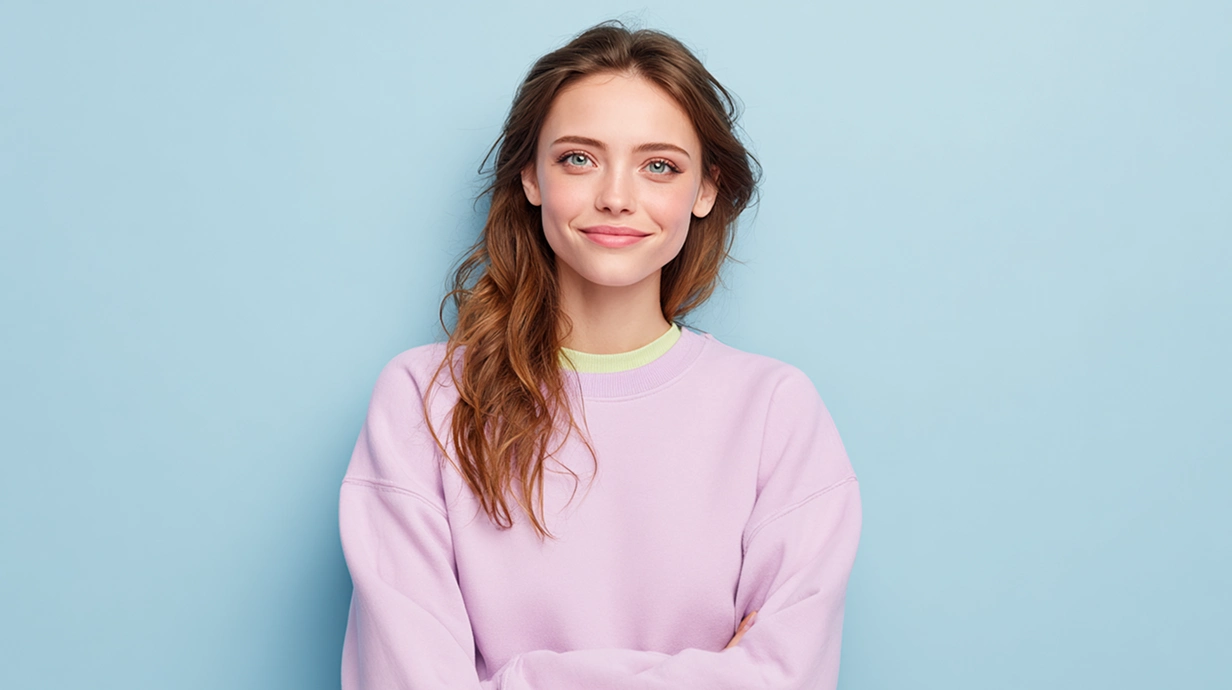 une femme aux cheveux longs et bouclés portant un sweat-shirt rose
