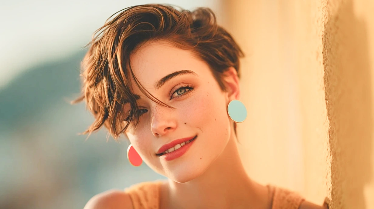 une femme aux cheveux courts avec des boucles d'oreilles