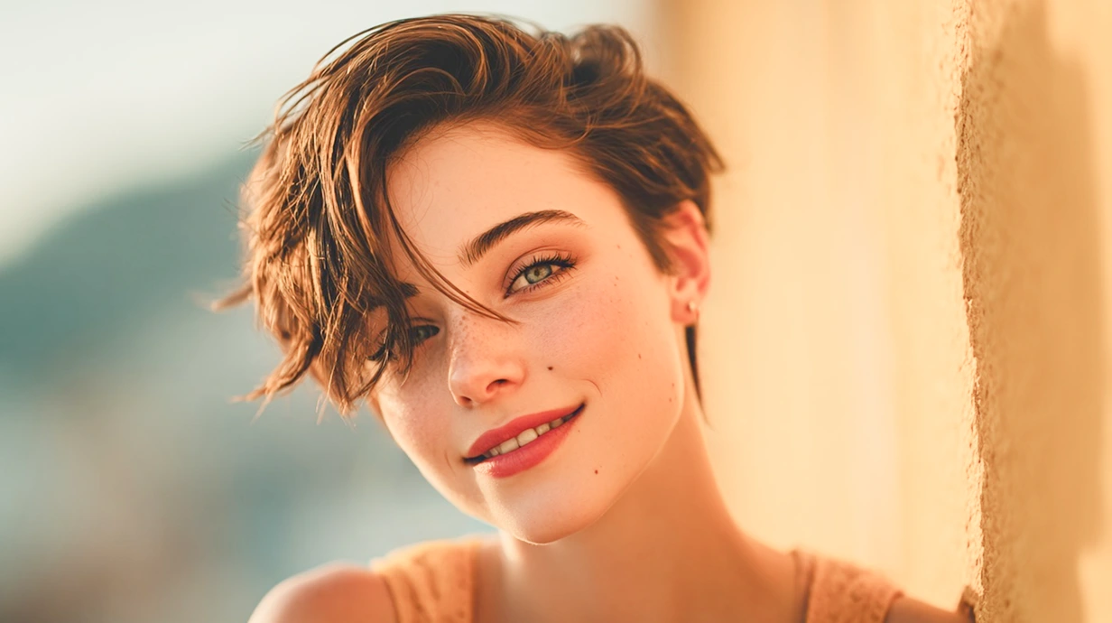 une femme aux cheveux courts sans boucles d'oreilles