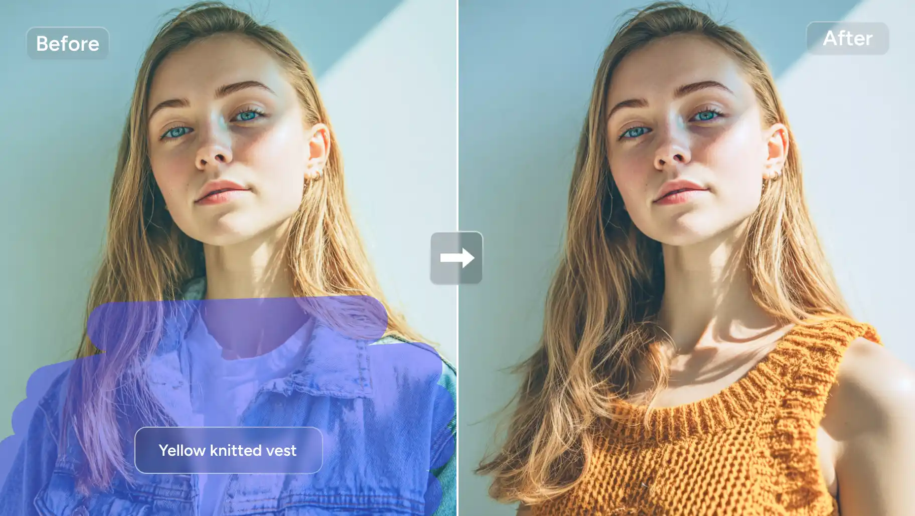 avant et après le contraste du remplacement de la veste de la fille par un gilet de couleur orange