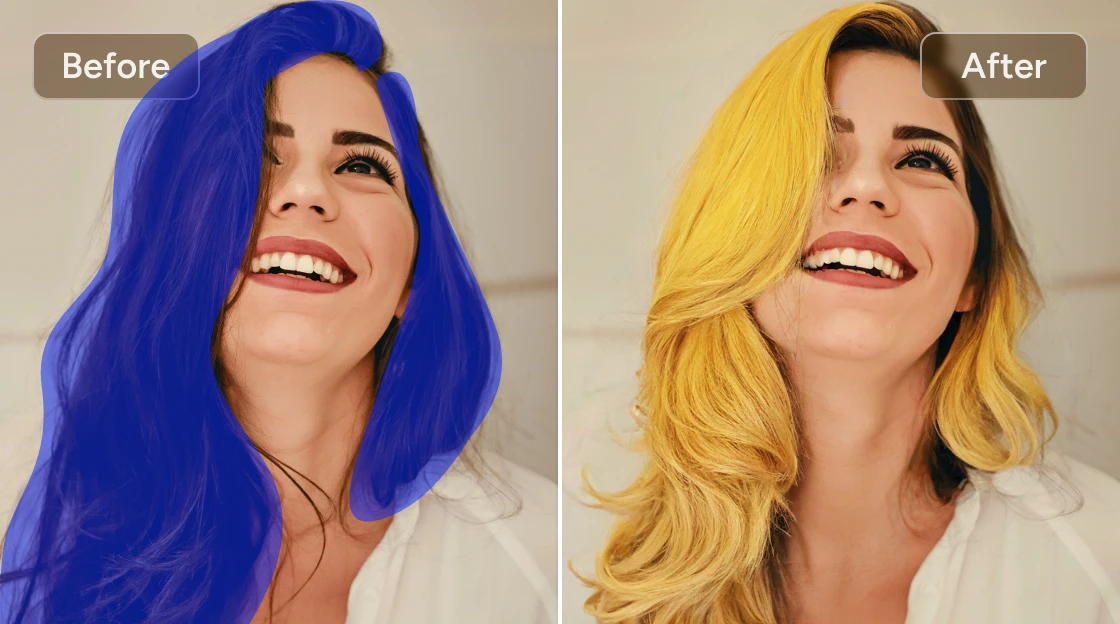 Effet avant et après de la transformation des cheveux bruns bouclés d'une femme en blond jaune