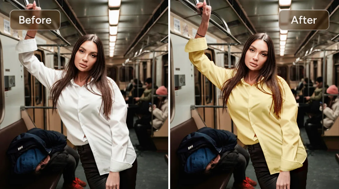 Effet avant/après du changement du t-shirt blanc d'une femme en jaune