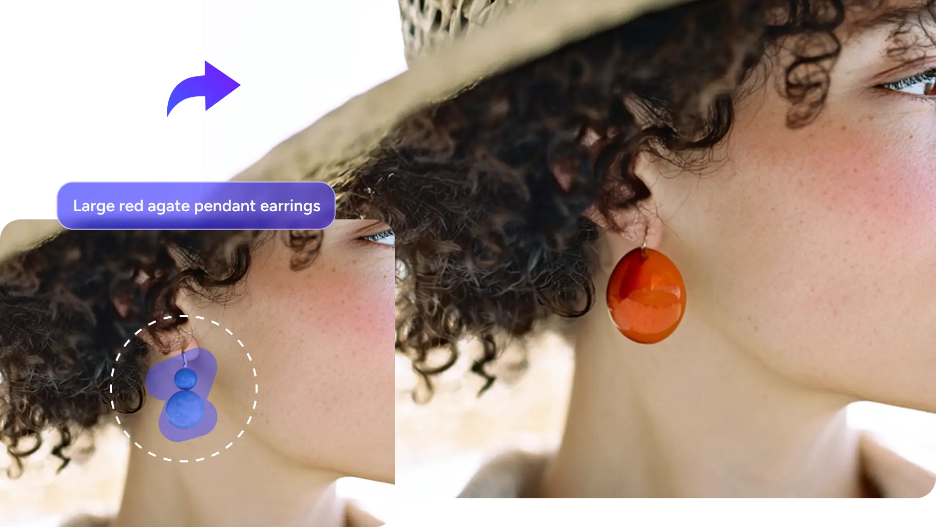 effet avant et après du remplacement des boucles d'oreilles bleues par une paire de boucles d'oreilles rouges et délicates