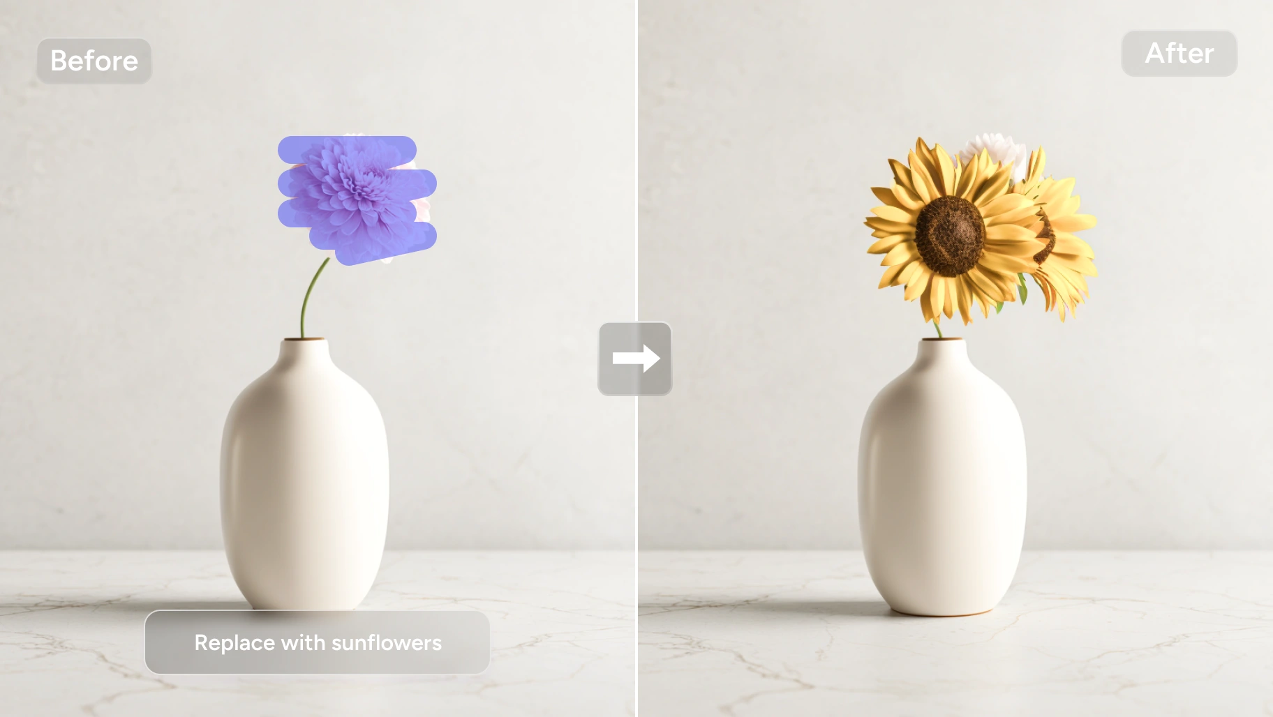 Effet avant et après la transformation de l'œillet en tournesol dans le substitut d'IA Aiease
